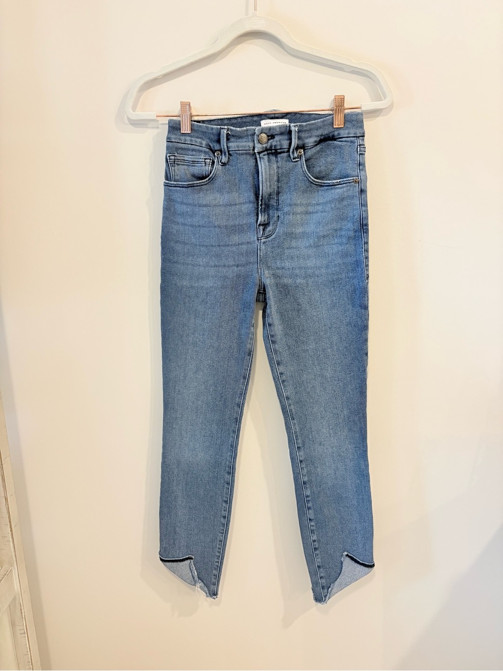 Good American Light Blue Skinny Jeans with Ankle Slit